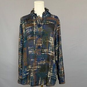 Unique Long Sleeve Blouse Artistic Artsy Patchwork With Soft Ruffled Neckline